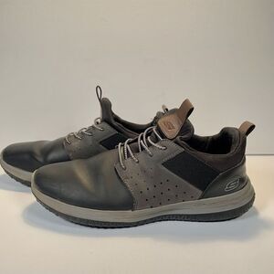 Skechers Men's Delson Axton Black Gray Leather Foam Sneakers Size 10.5